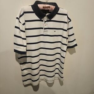 Tommy Hilfiger Men's Short Sleeve Polo, White With Blue Stripes, XL